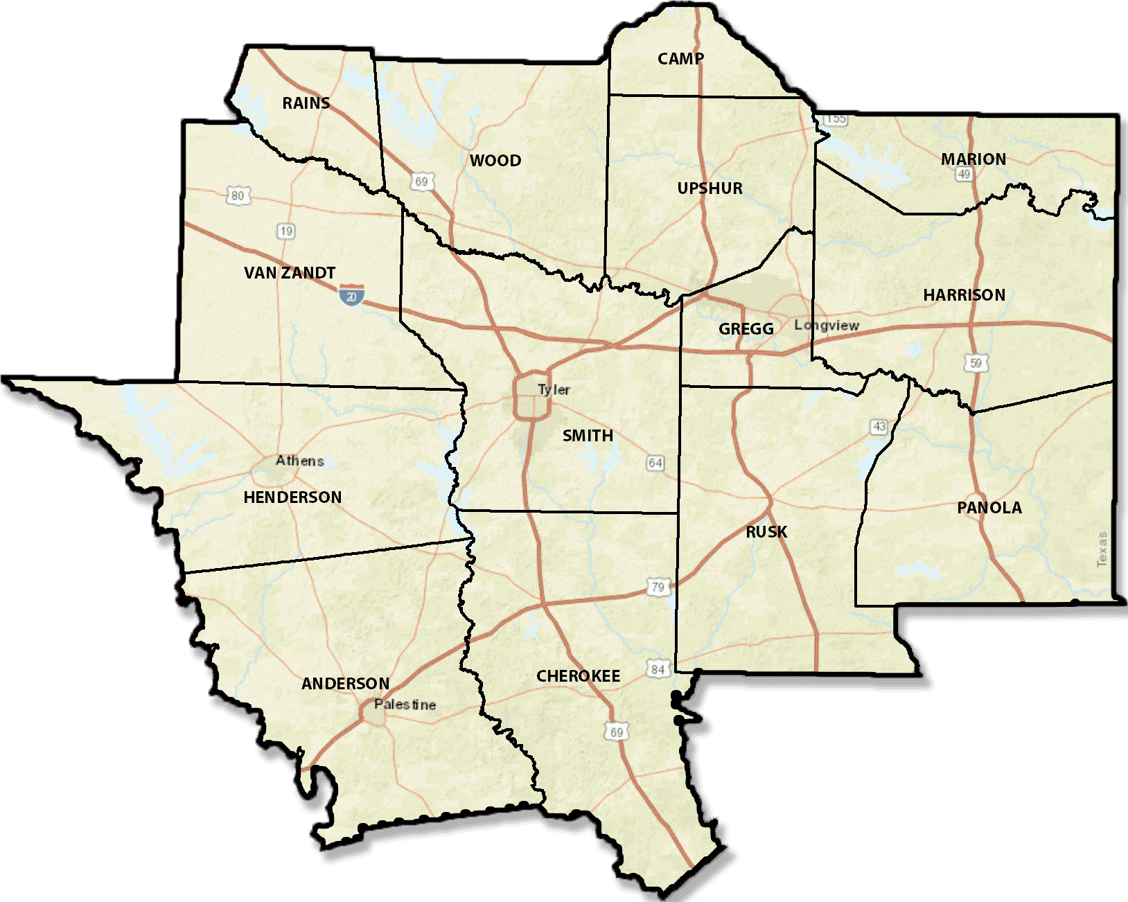 map of 14 county east texas region